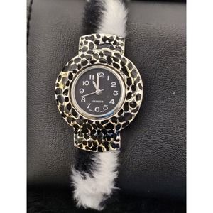Ladies Leopard Spot Fur Lined Cuff Watch With Beads Quartz Expansn New Battery